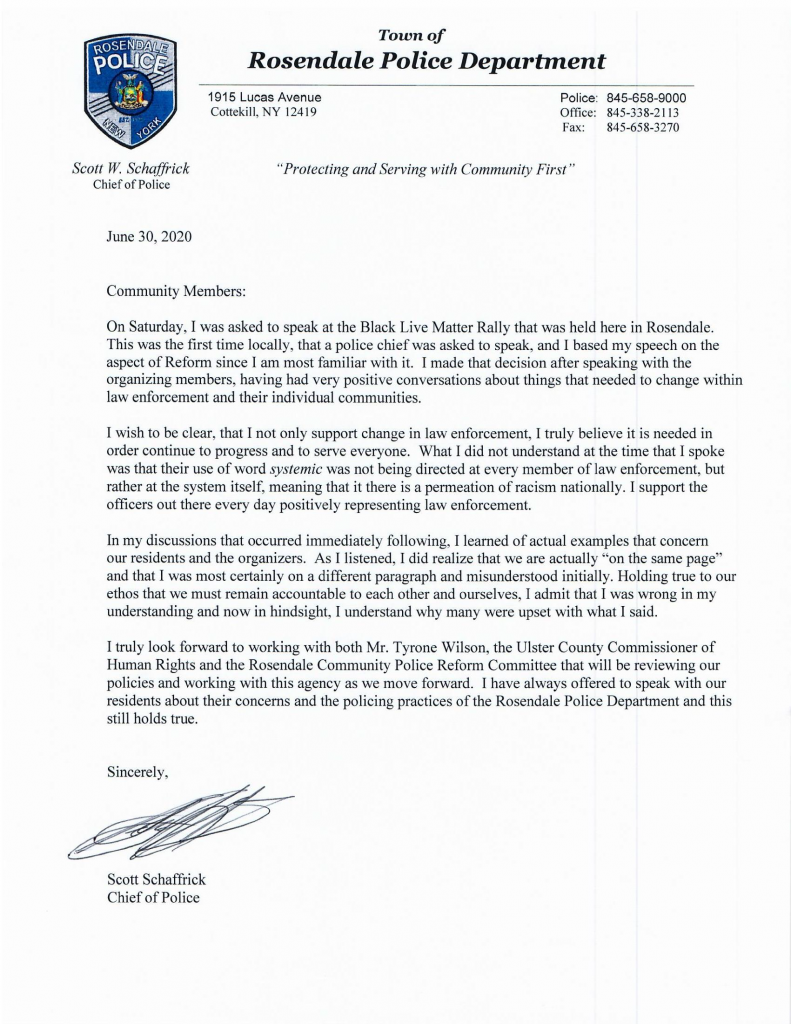 Statement Release on 7.1.2020 from Rosendale Town Board and Police Chief Scott Schaffrick